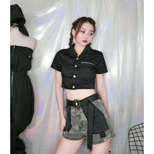 New Female Temperament punk short sleeve Shirts Black Slim Uniform Gothic Tops Summer Sexy Women Single breasted open navel Top
