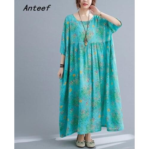 Short sleeve cotton vintage floral dresses for women casual loose long woman summer dress elegant clothes 2021