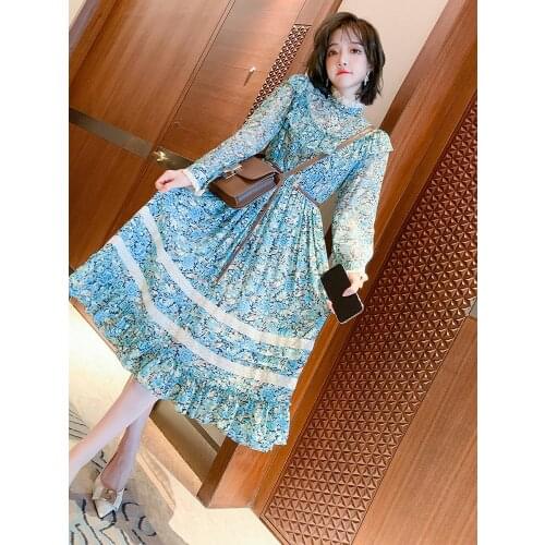 Romantic print V Collar stitching lace high waist over knee dress 2021 Spring new High Quality Top Quality