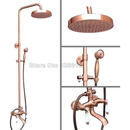 Rain Shower Faucet Set W/Bathroom Handheld Shower Wall Mounted Antique Red Copper Dual Ceramic Handles Bathtub Mixer Tap Wrg572