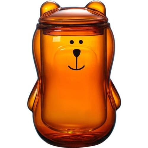 400ml Cute Panda Bear Glass With Lid Water Coffee Milk Children Juice Cup Brown Transparent Graduated Drinking Glass