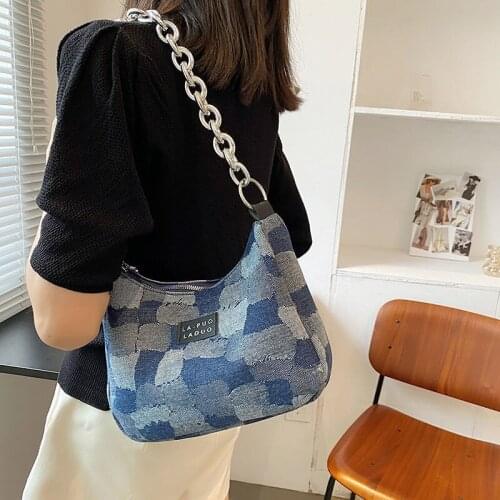 Shoulder Bag Handbag Crossbody Bag Women Bag Underarm Retro Purse Denim Chain All-match Fashion 2021 Panelled Zipper Lattice