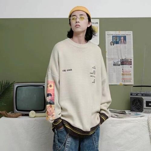Oversized Sweater Men Pullovers O-neck Autumn Van Gogh Print Clothing Causal Harajuku Knitted Sweater Men Pullovers Streetwear