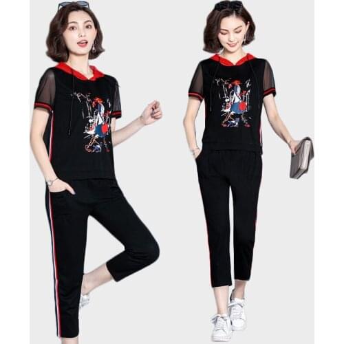 Trending Products Women summer clothing Tracksuit Two piece set printing Hooded Lady clothes set large size T-shirt + pants 74