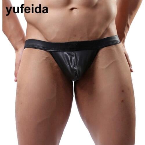 YUFEIDA Sexy Mens Underwear Briefs Faux Leather Underpants U convex Pouch Thongs Smooth Backless Gay Sissy Panties Mens Briefs