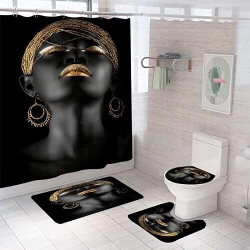 HGHO Shower Curtains African Black Girl Women with Golden Lips Curtains for Bathroom 3D Printing Waterproof Home Decor