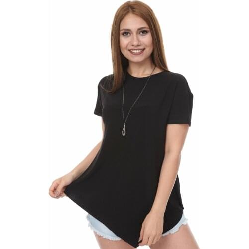 Asymmetric Cut Womens Basic T-shirt Black I Girl Black Casual Fashion T-Shirt