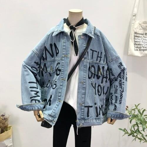 Korean Oversized Embroidered Letters Denim jacket Womens Washed Blue Coat Spring Loose Vintage Harajuku Jeans Jacket Streetwear