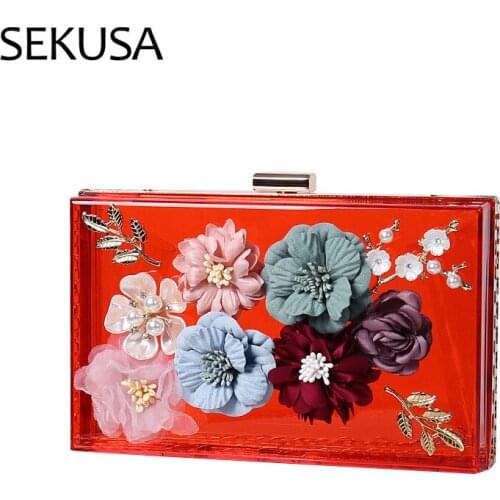 Flower Women Evening Bags Leaf Diamonds Shell Party Handbags Plastic Box Metal Chain Shoulder Day Clutch