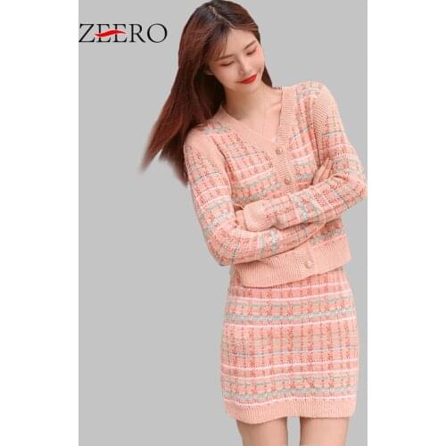 2020 Autumn Winter Knitted 2 Piece Sets Women Plaid V Neck Cardigan Coat Crop Top + Midi Skirt Set Suit Female Outfits Knit Sets