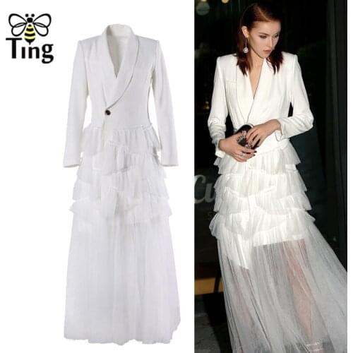 Tingfly Vintage Women Long Party Dresses Elegant Notched Collar Layered Mesh Hem Patchwork Long Dress Casual Fashion Vestidos