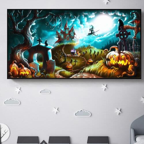 5D Round Diamond Painting Halloween castle and pumpkins Diamond diy Embroidery Home Decoration Mosaic A187