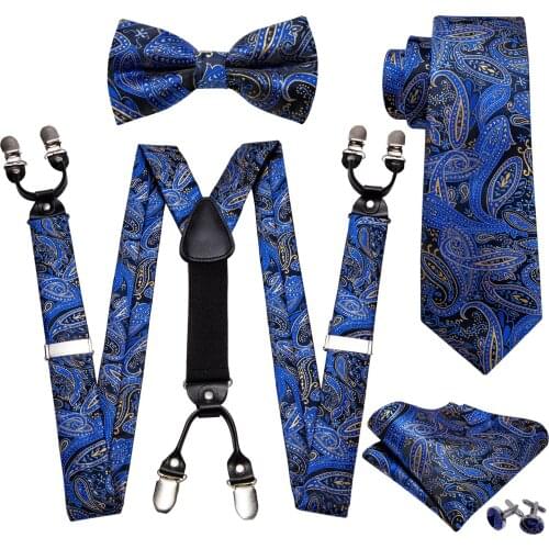 Fashion Pre-Bow Tie Blue Paisley Silk Ties For Men Suspenders Handkerchief Cufflink Set Barry.Wang Designer wedding Gift BD-2014
