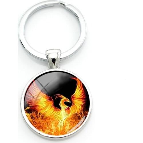 TAFREE Fire Red Phoenix Picture Keychains Mysterious Ancient Birds 25mm Glass Key Ring Classic Women New Jewelry