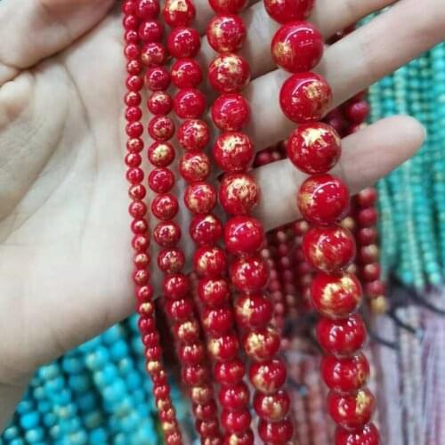15.5"4 6 8 10 12mm Jincai Red Color Stone Beads With Gold Round Colorful Stone beads for jewelry making