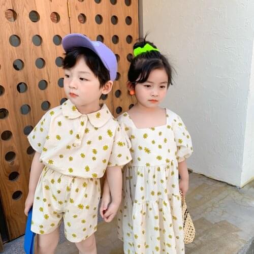 Kids Clothes Girls Dress Square Collar Boys Sets 2PCS Flower Tops+Shorts Brother and Sister Cotton Clothing Childrens Outfits
