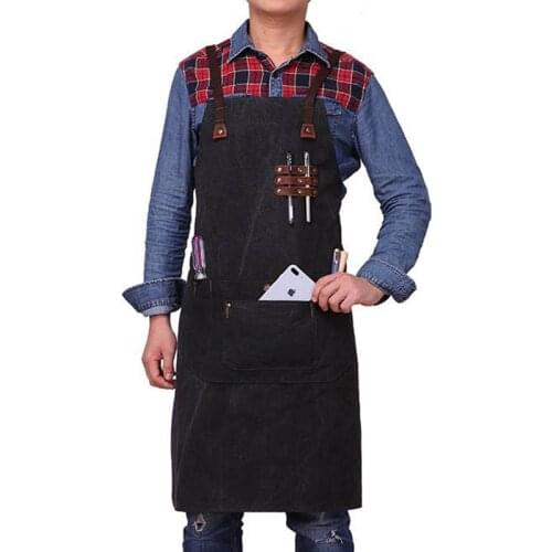 Vintage Canvas Working Apron Waterproof Genuine Leather Strap With Pockets Professional Painter Gardner Carpenter Aprons Unisex
