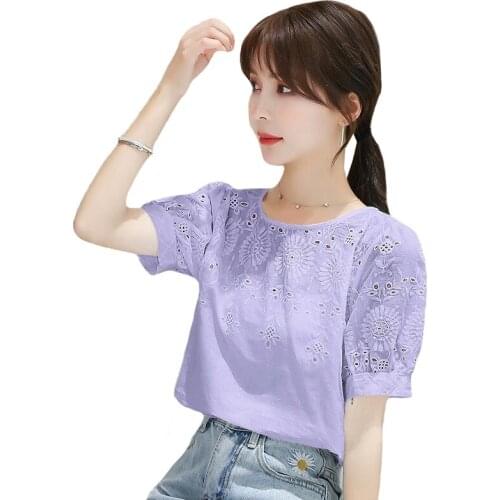 Round Neck Purple Short T-Shirt Ladies Summer Short-Sleeved T-Shirt Pullover Hook Flower Hollow T-Shirt Women 2021 Fashion Top