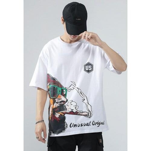 Summer Casual Streetwear Men T Shirt ,White and Black Color ,Cartoon Pattern Tshirts Short Sleeve Hip Hop 100% Cotton Tee