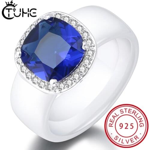 Real 925 Silver Crystal Zircon Stone Ring Never Fade 8mm Width Ceramic Ring Wedding Band Jewelry Promise Engagement Rings