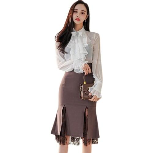 2 piece set korean ladies Sexy Summer logn sleeve white tops and brown tight skirt Office set for women