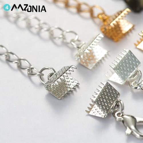 10pcs/lot Ribbon Leather Cord End Fastener Clasps With Chains Lobster Clasps Connectors For Jewelry Diy Bracelet Making Findings