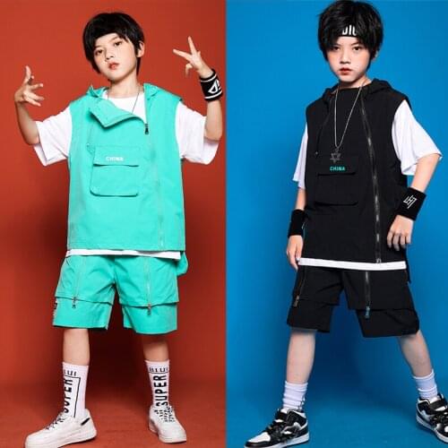 3 Pieces Set Jazz Costume Hip Hop Girls Clothing Two Colors Vest Pocket Shorts Boys Stage Show Modern Dance Clothes Wear XS2336