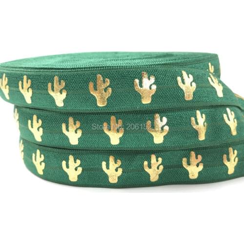 Newest 10 Yards 16mm Cactus Print Fold Over Elastic Dark Green Hair Tie FOE Elastic Ribbon for Bracelet Headband DIY Headwear