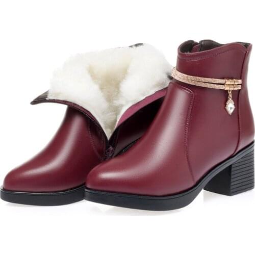 New Elegance Fashion Women Leather Boots Warm Plush / Wool Winter Snow Boots Large Size High Heel Shoes Warm Boots Woman Boots