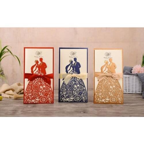 Laser Cut Groom & Bridal Wedding Invitations with Ribbon and Envelopes for Engagement Quinceanera Party Invite Cards 50pcs/lot