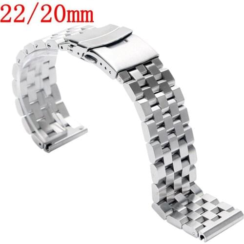 22/20mm Silver/Black Watch Band Strap Stainless Steel Solid Bracelet Men Push Button Folding Clasp with Safety Replacement Cool
