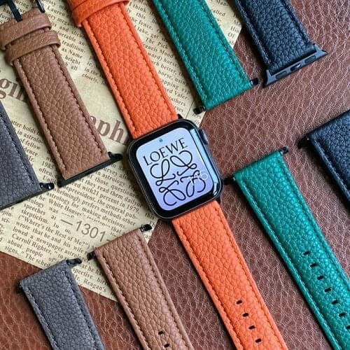 Strap for Apple Watch band 42mm 38mm 44mm 40mm Genuine Leather Lychee pattern Bracelet Correa iwatch Series 6 SE 5 4 3 Watchband