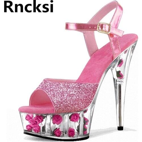 Rncksi Ankle Straps Women Flowers 15cm Pole Dance Shoes Night Club Party Sandals 15cm High Heels Platform Dance Shoes