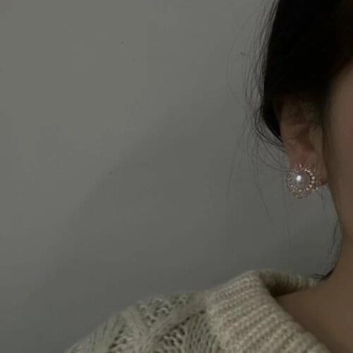 TIMEONLY Elegant Imitation Pearl Round Stud Earring Cubic Zircon Japanese Style Charms Earrings for Women Girls Accessories