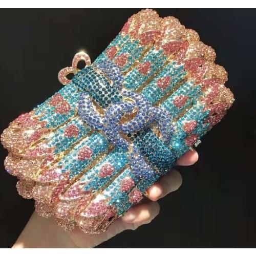 High Quality Pink/Blue Metal Crystal Clutch Fashion Wedding Bridal Purses Elegant Women’s Diamond Shoulder Bag Chain Clutches