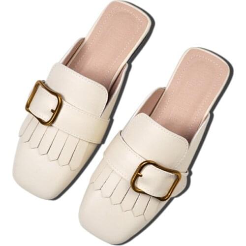 Womens Summer Metal Toe-covered Slippers Tassel Leather Mules Shoes Ladies Square Low Heel Sandals Big Size 31-43 Women Slides