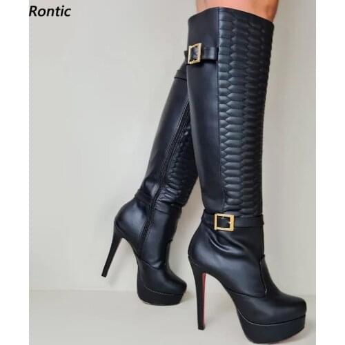 Rontic Handmade Women Platform Winter Knee Boots Side Zipper Sexy Stiletto Heels Round Toe Black Club Shoes Size 35-52