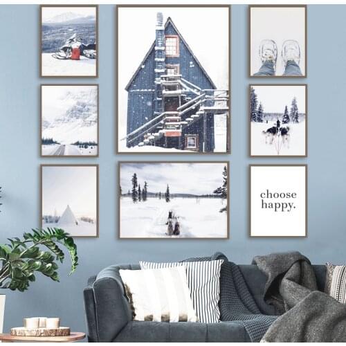 Winter Snow Forest Canvas Painting Mountain Tree House Sled Dog Wall Art Posters and Prints Christmas Pictures for Room Decor