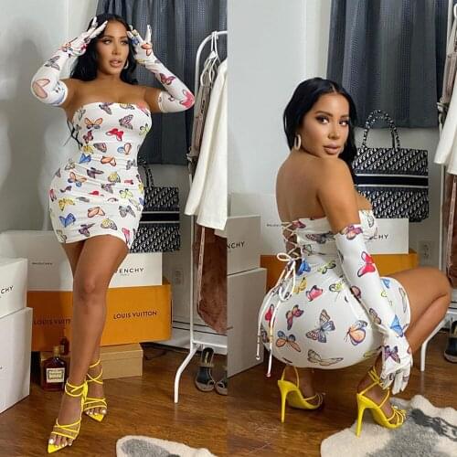 BKLD Butterfly Print Women Long Sleeve Off Shoulder Bodycon Short Dress With Gloves Backless Bandage Lace-up Sexy Party Clubwear