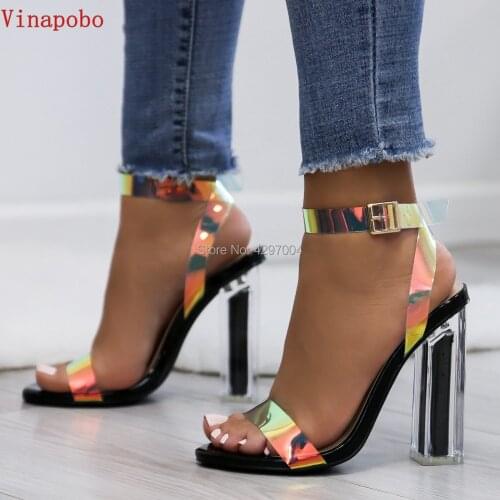 Vinapobo Women Sandals 2019 Transparent Thick Heel Perspex Ladies Sandals Summer Clear High Heel Women Shoes Sandalias Mujer