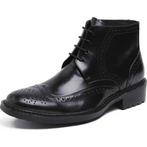 Middle Heel Work Boot for Men Brogue Boot Premium Genuine Leather Carving Wingtip Round Toe Block Heel Solid Color Lace Up Style