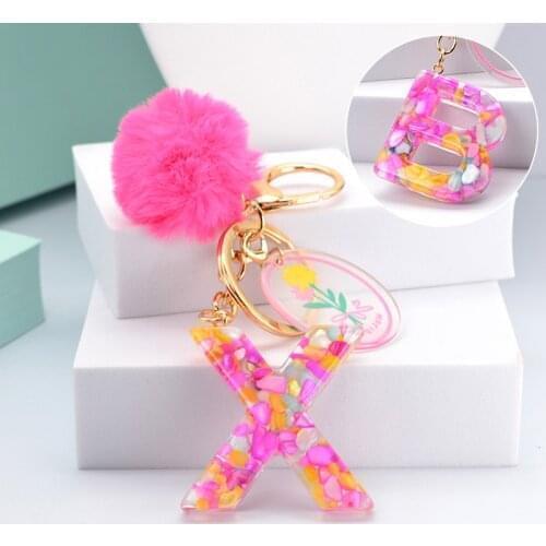 A-Z English Letter Keychains Pink Pompom Alphabet Keyring Handbag Hanging Ornament Decorative Pendant For Women Jewelry Gifts