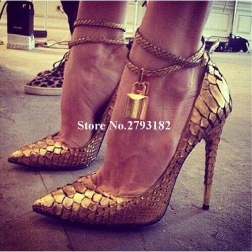 Brand Design Women Fashion Pointed Gold Pattern Leather Gold Lock Pumps Ankle Straps Thin Heel Pink High Heels Dress Shoes