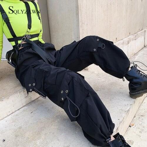 Gothic Black High Waist Loose Cargo Pants Female Harajuku Pockets Trousers Korean Streetwear Sweatpants Punk Joggers Clothing