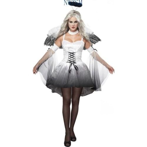 Black White Dark Devil Fallen Angel Vampire Costume Adult Halloween Costumes for Women Gothic Witch Costume (Dress ,Hat,Wing)