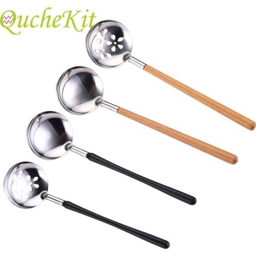 Stainless Steel Colander Soup Spoon Shell Cherry Blossom Design Filter Spoon With Long Wood Handle Home Kitchen Cooking Tools