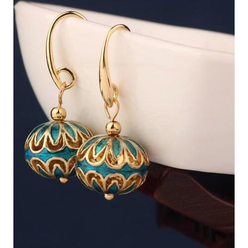 Ethnic sky blue cloisonne earrings vintage flower round drop earrings for women and girl jewelry серьги