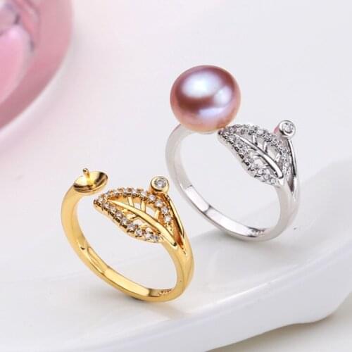 2 color Pearl Ring Mountings Leaf Ring Findings Adjustable Ring Jewelry Parts Fittings Charm Accessories Silver Jewellery