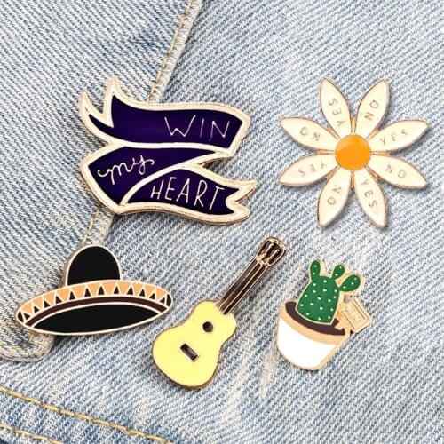 Fashion Hat Guitar Cactus Brooches Cartoon Cute Enamel Pins Custom Metal Badges Denim Jackets Lapel Jewelry Gifts For Men Women