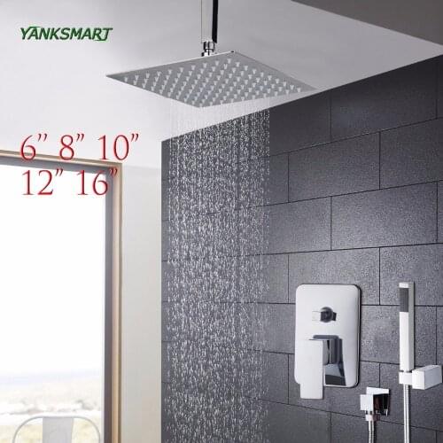 YANKSMART Ceiling wall mount 6 8 10 12 16 inch shower head set with control valve hand sprayer chrome polished bathroom Kit